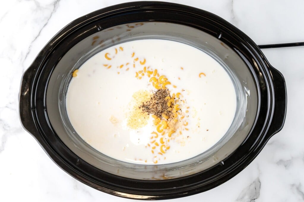 Milk, seasonings, and uncooked pasta in a slow cooker.