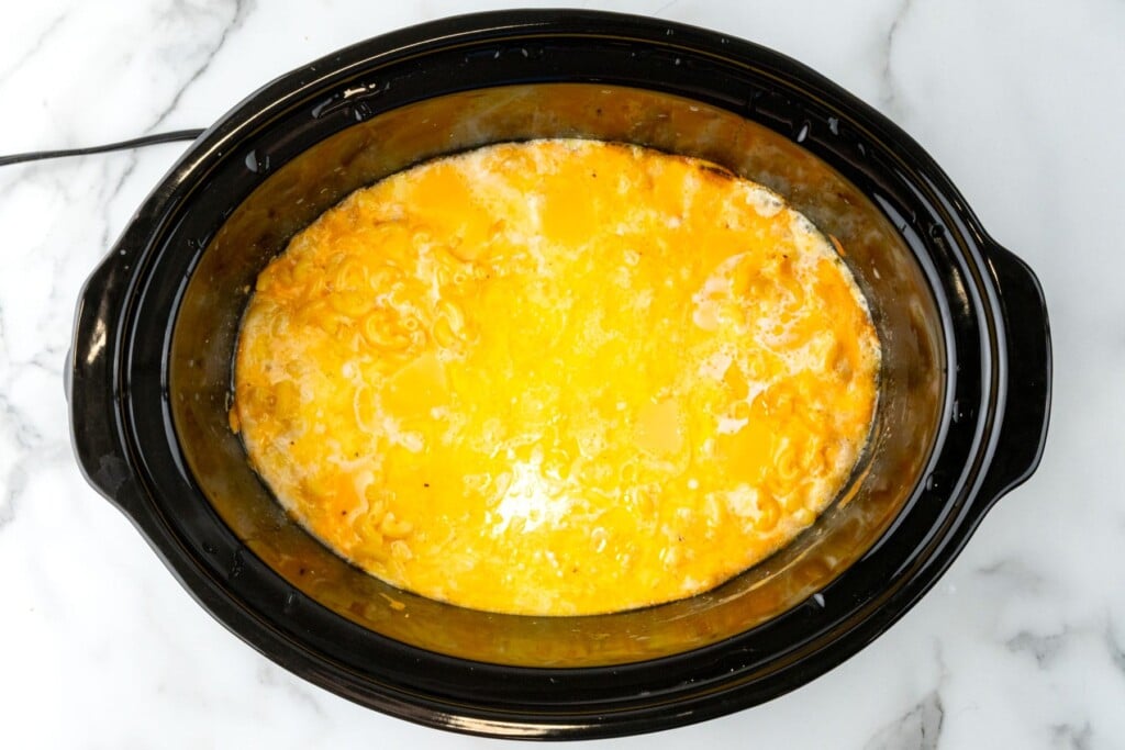 mac and cheese in a crockpot after stirring