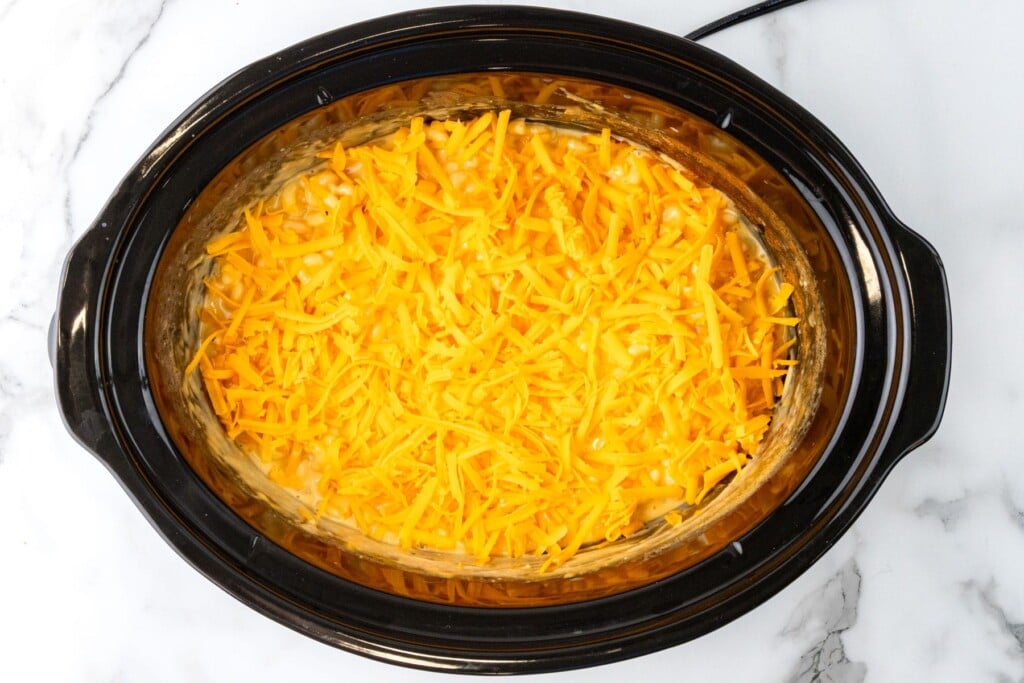 A layer of shredded cheese added to a slow cooker of mac and cheese.
