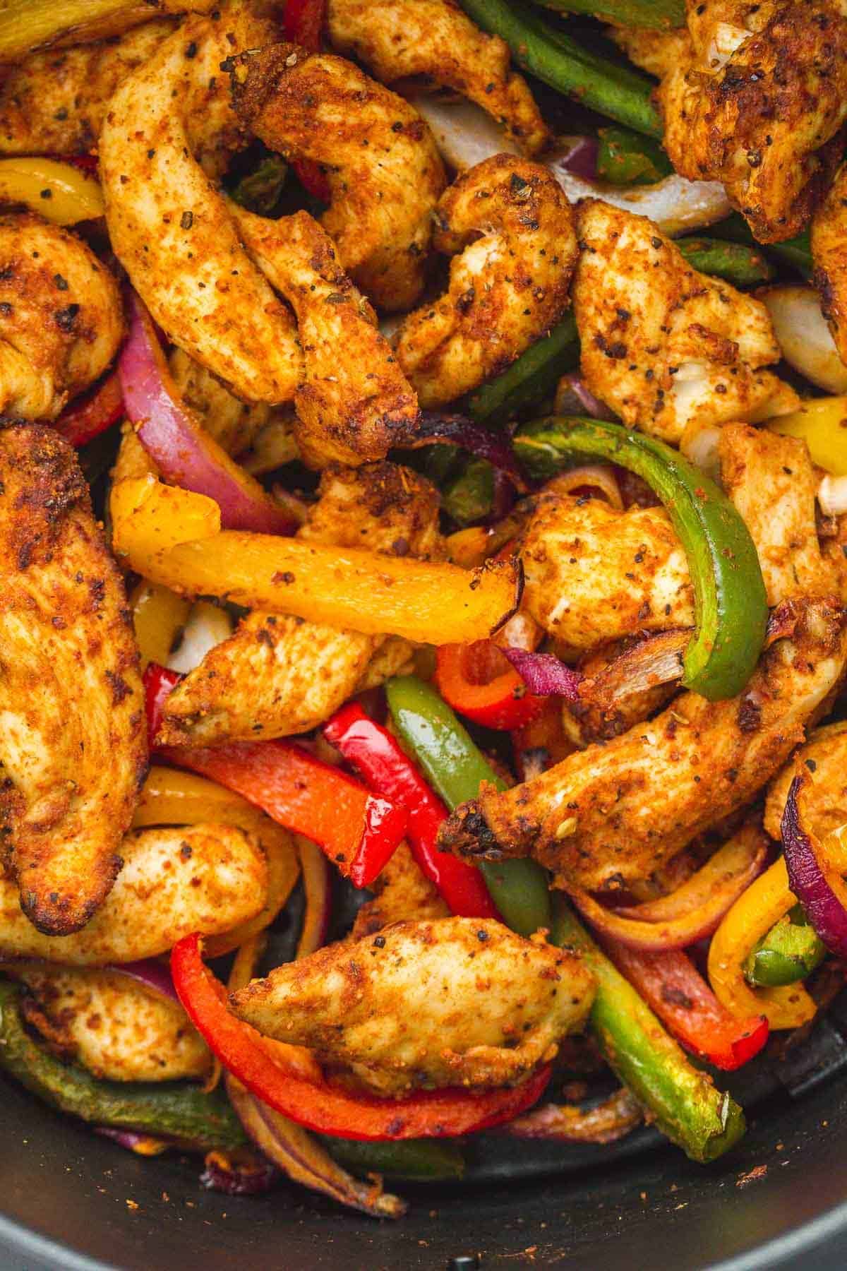 A close up shot of chicken fajitas.