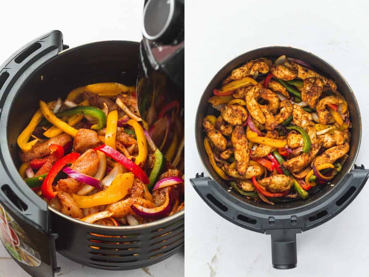 Steps how to make chicken fajitas in the air fryer.