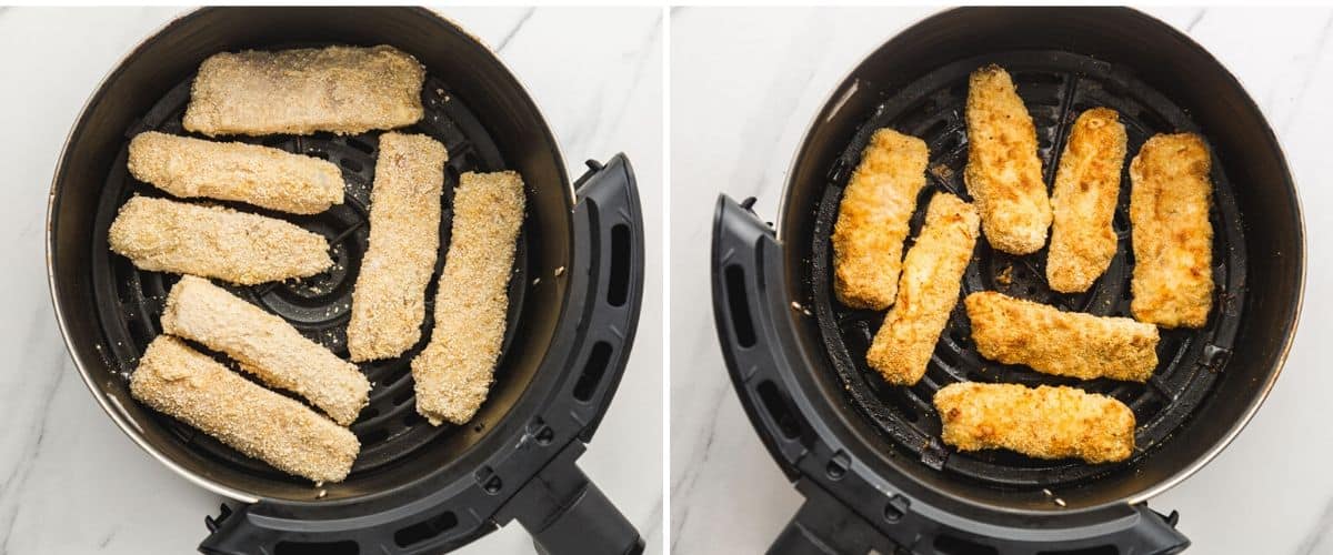 A collage with 2 images, fish sticks in the air fryer basket. Before air frying and after.