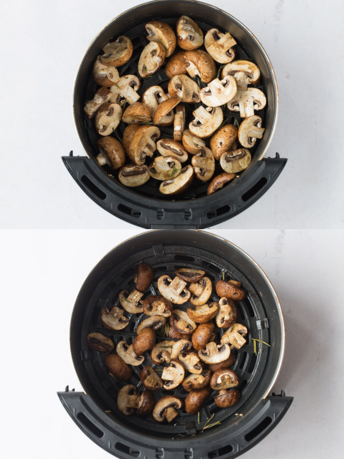 Mushrooms in an air fryer basket, before and after cooking.