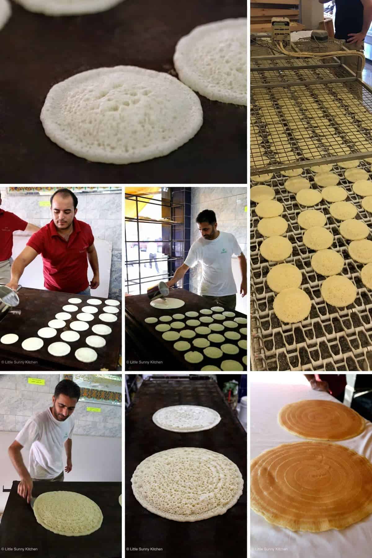 A collage with 7 images on how Atayef are made in Madaba, Jordan.