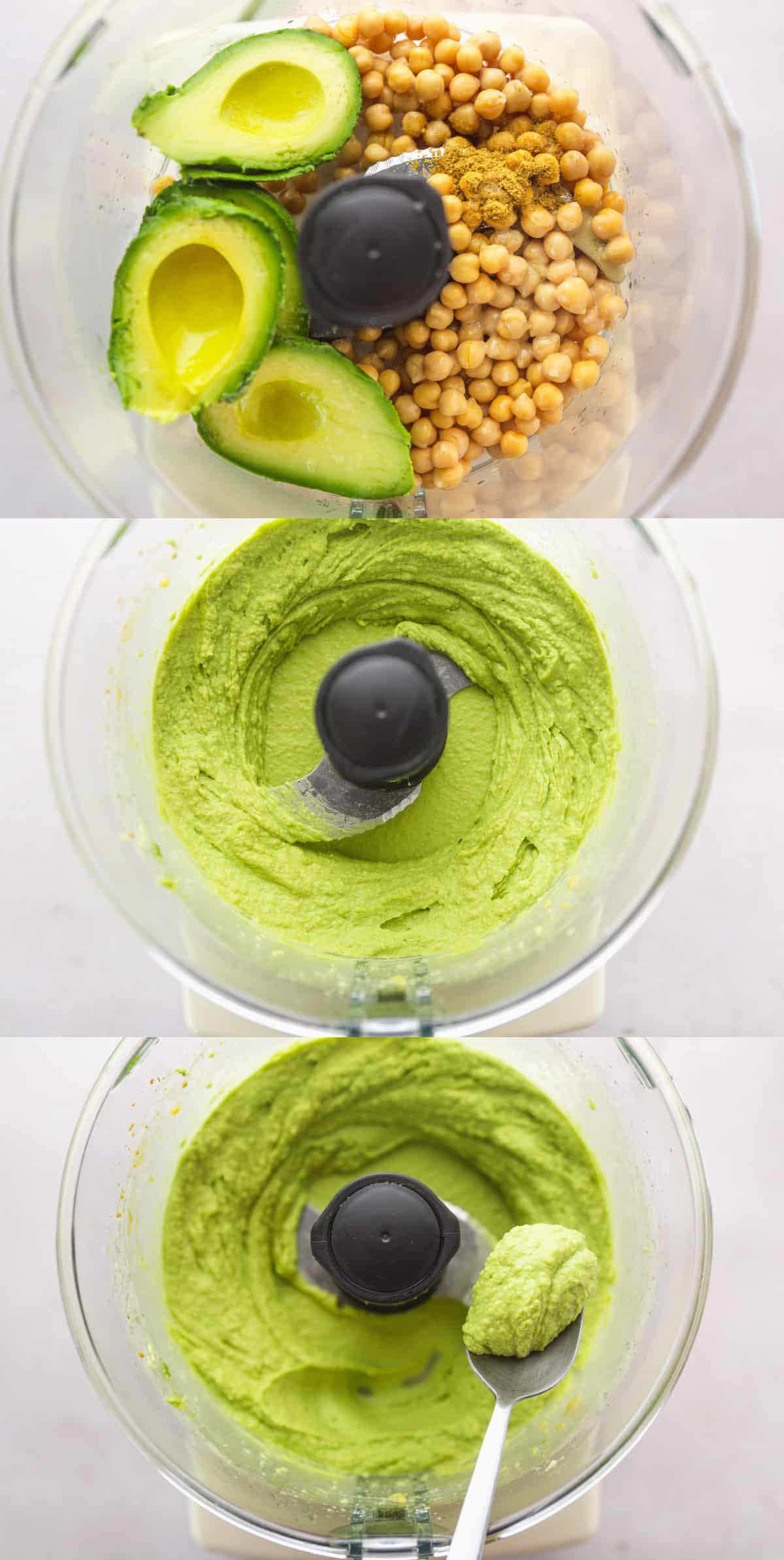 Making avocado hummus in a food processor steps. 