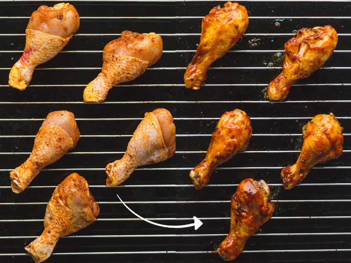 How to bake BBQ drumsticks before and after baking (Raw and cooked glazed chicken legs on baking rack to show the difference).