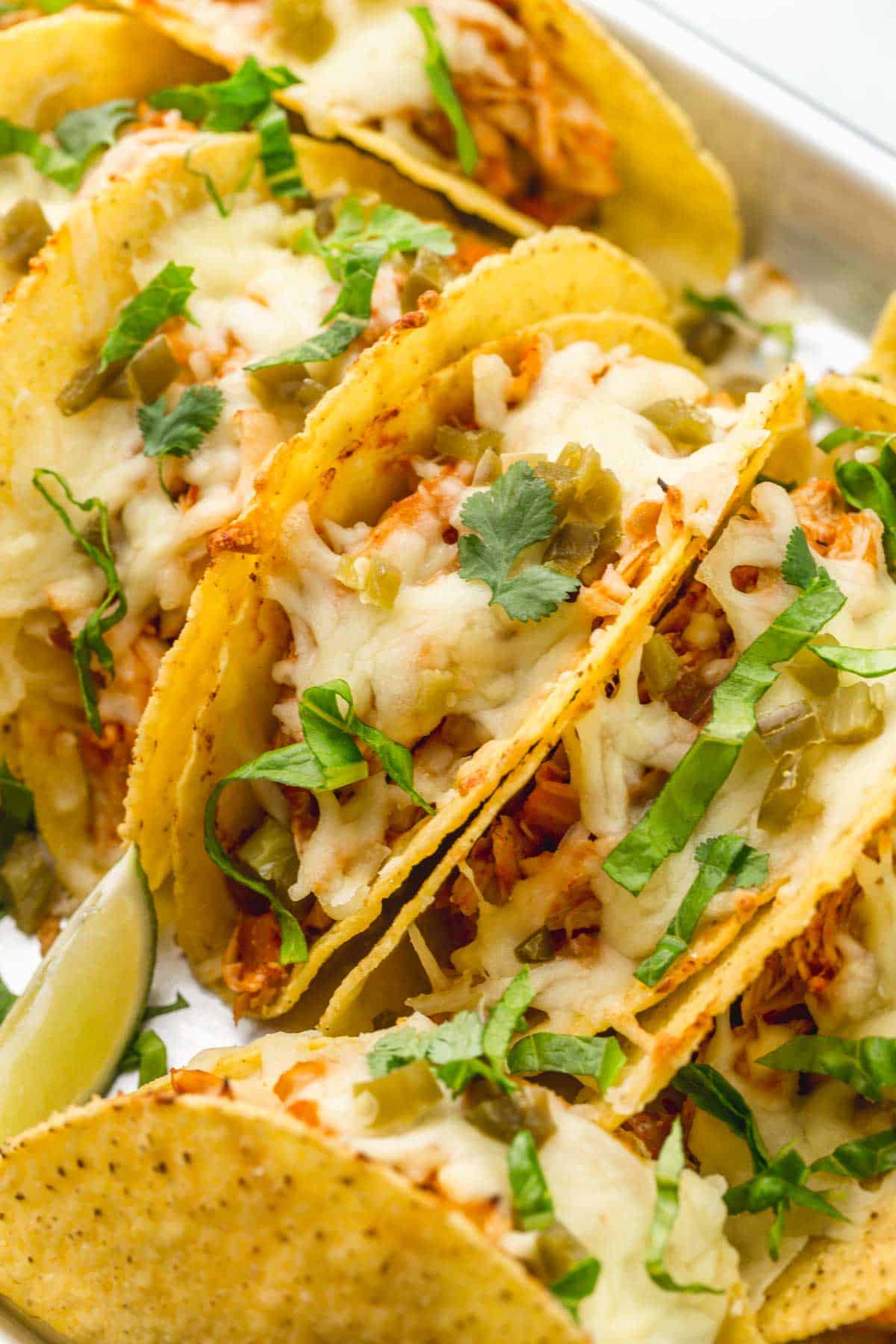 A close up of baked chicken tacos