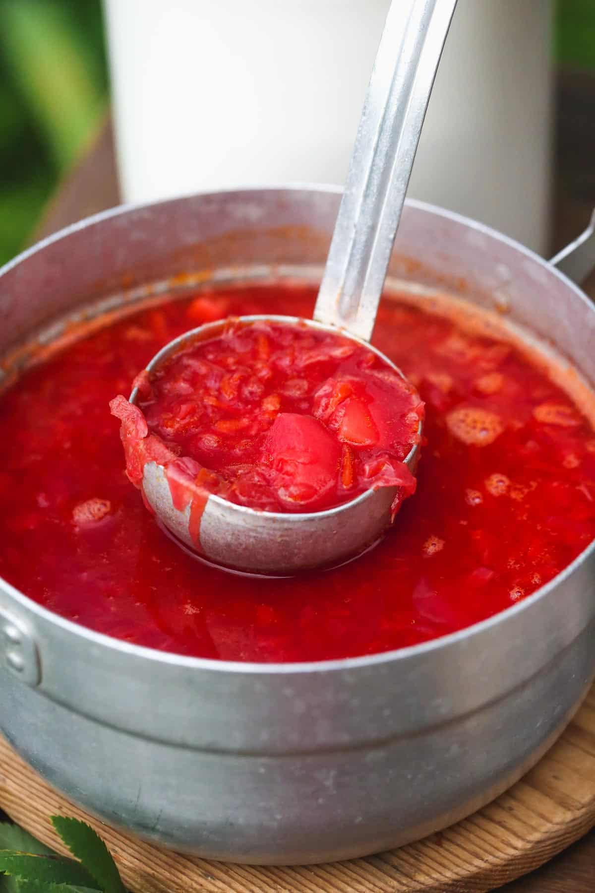 An aluminium pot filled with vibrant red borscht soup, and a soup ladle.