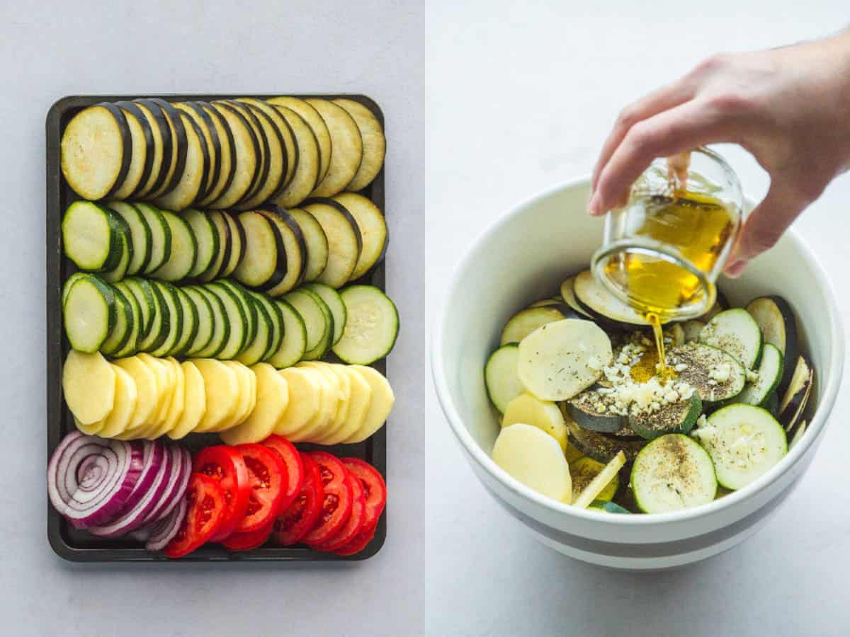 Steps on how to slice the vegetables, and how to coat them with olive oil and seasonings