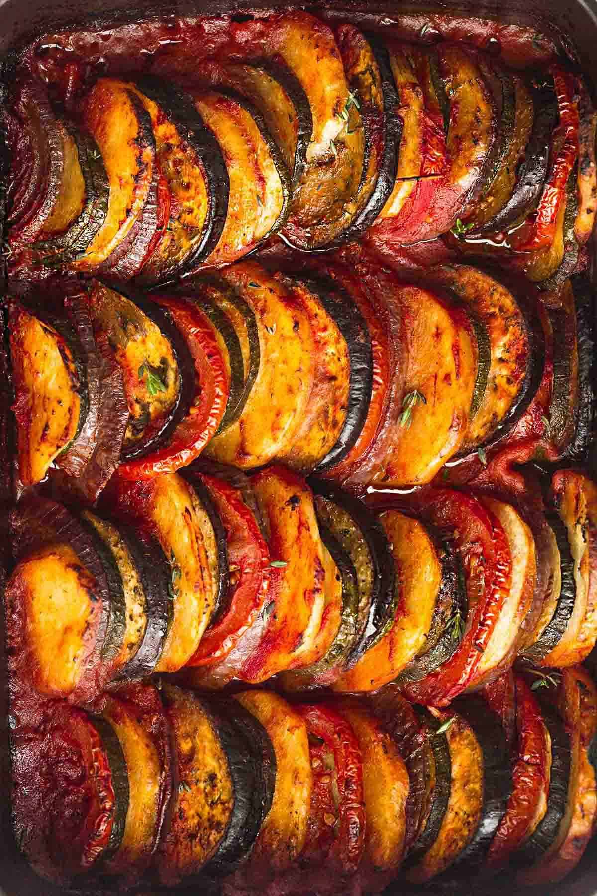 Roasted Greek vegetables in a baking dish