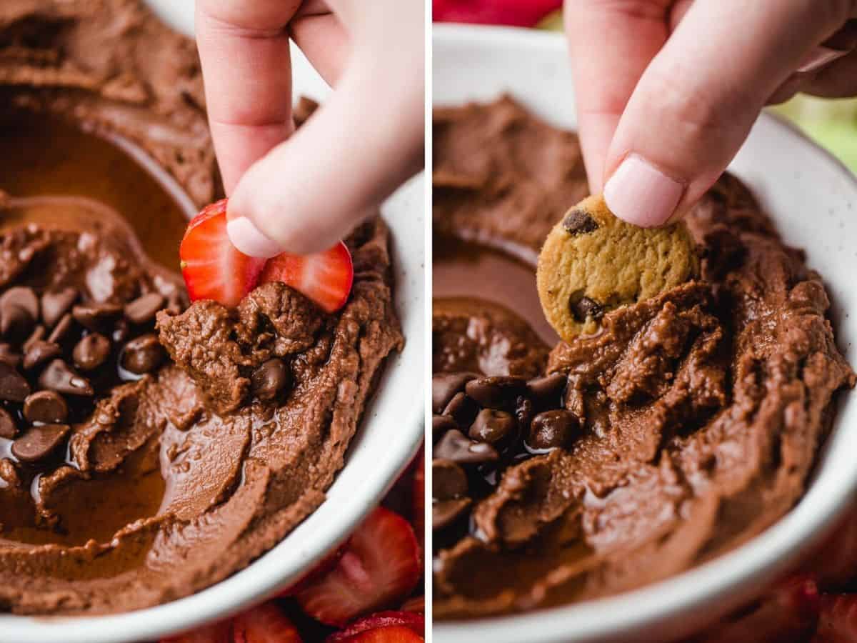 Dipping fruit and cookies in chocolate hummus