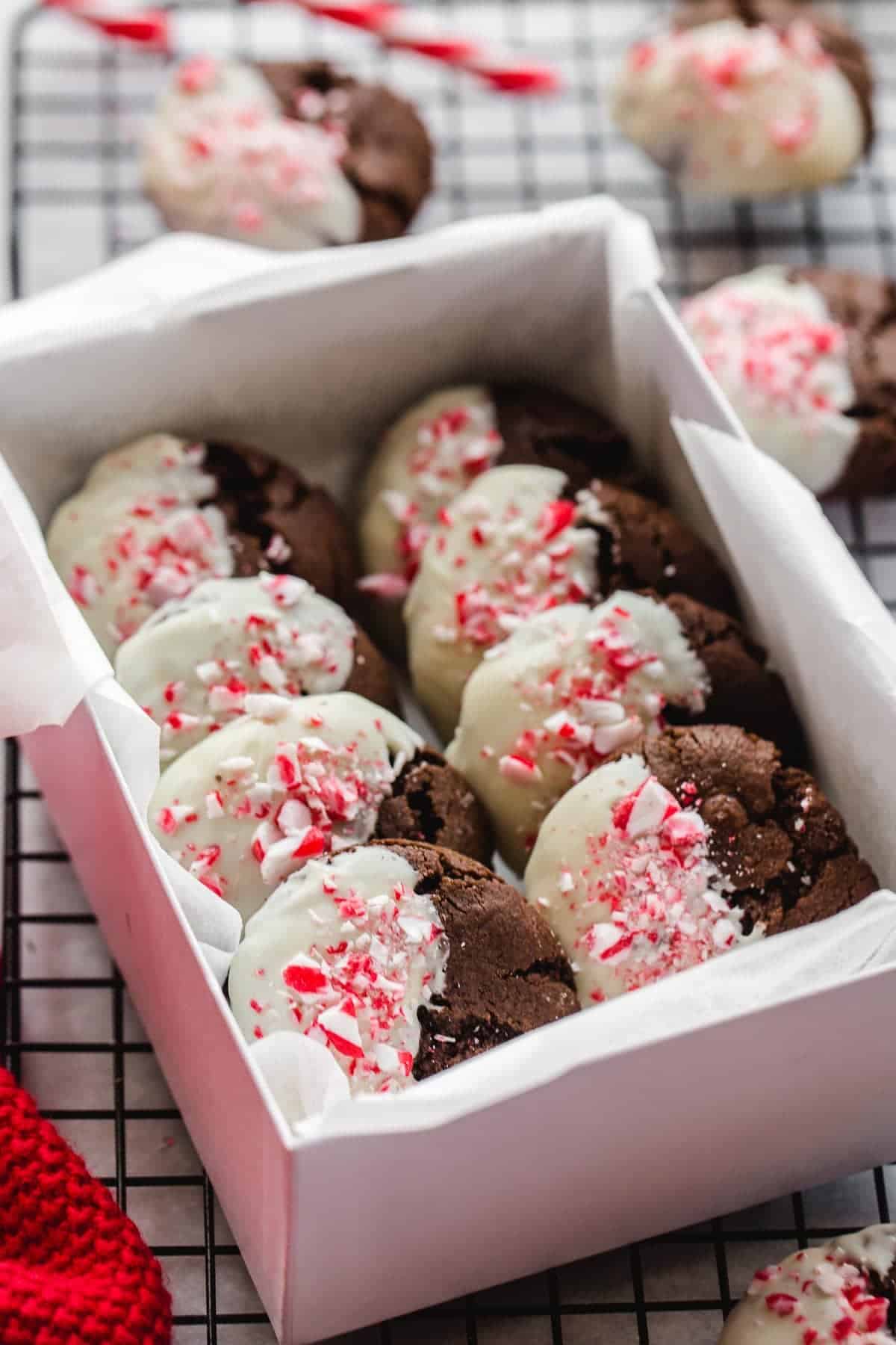 Chocolate peppermint cookies in a gift box lined with white paper