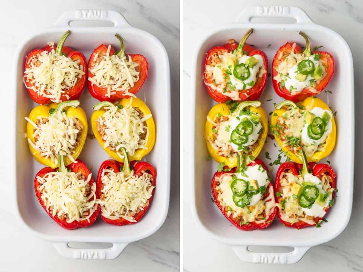 2 steps on how to roast the stuffed peppers, and add toppings after roasting