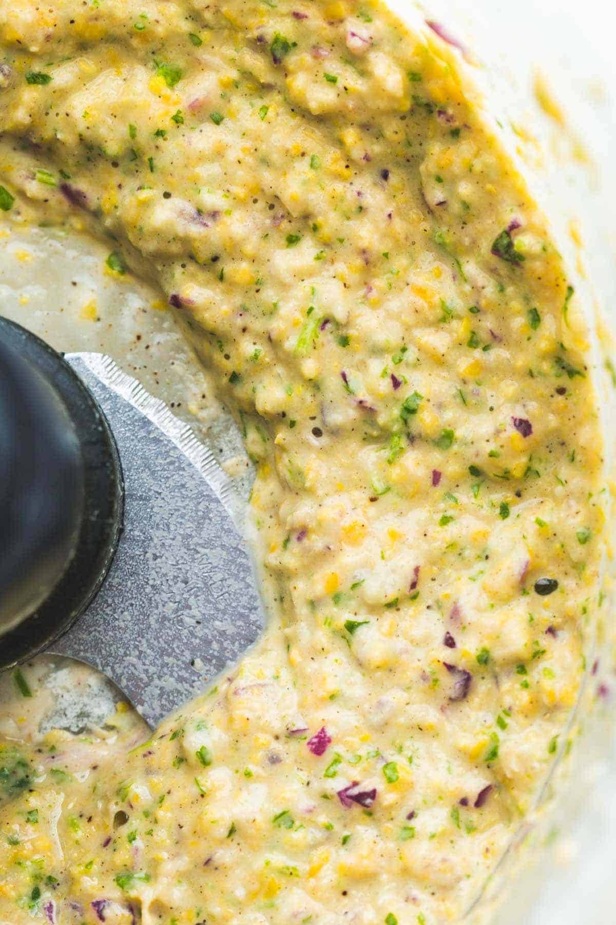 Blending the corn fritters mixture in a food processor