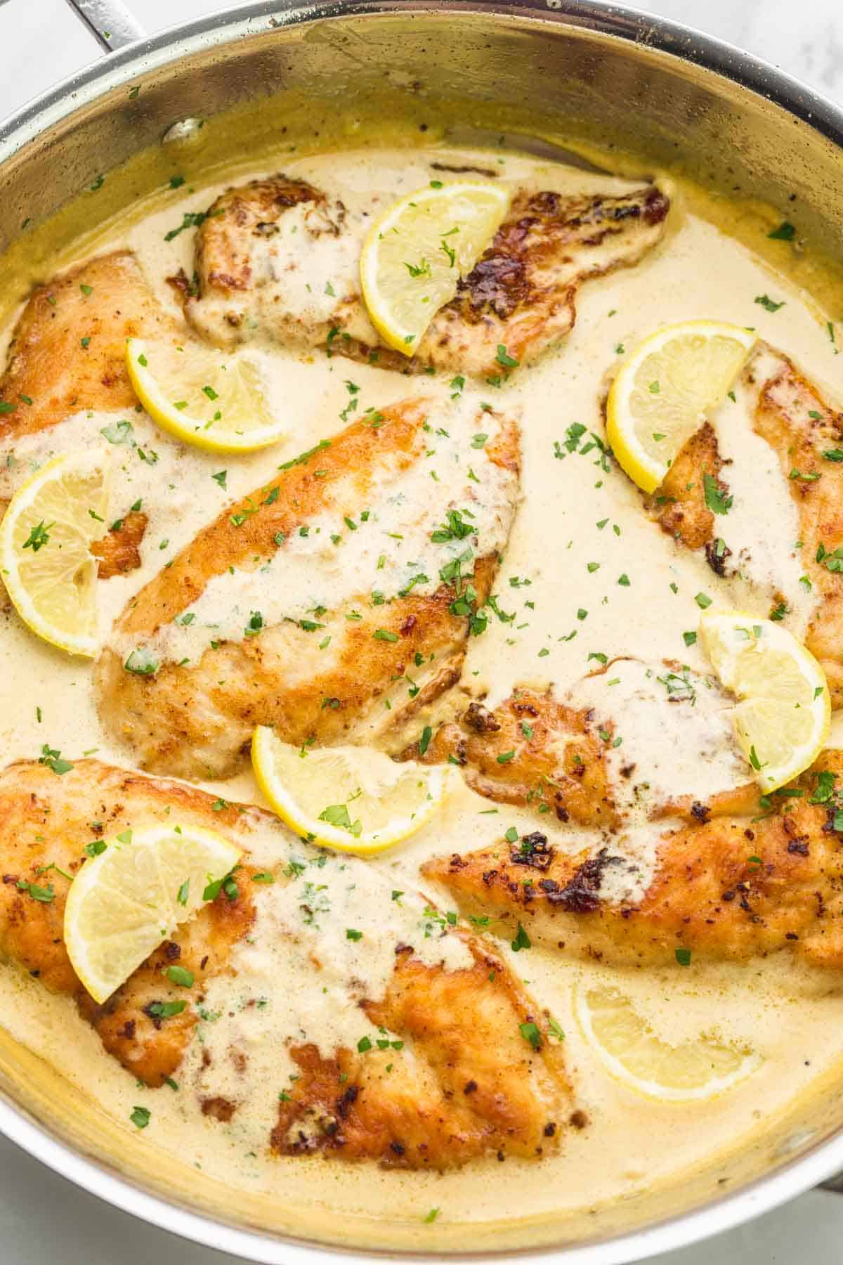 Creamy Lemon Chicken in a stainless steel skillet