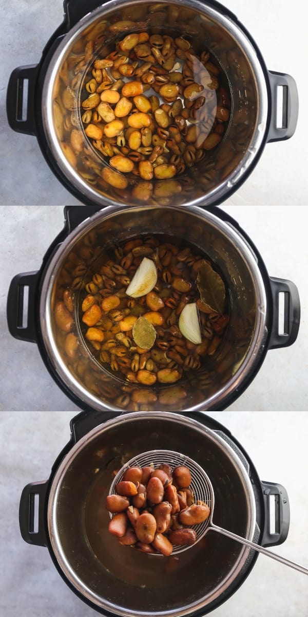 collage with 3 steps on how to cook broad beans in the instant pot