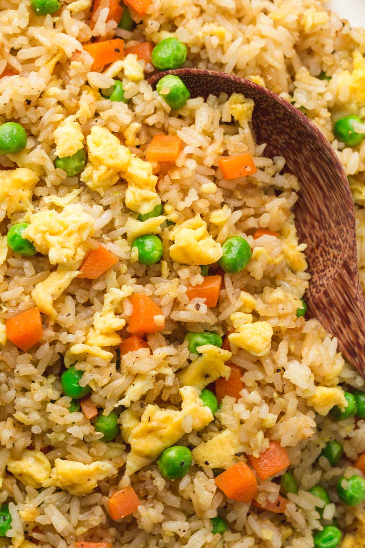 A close up shot of fried rice and a serving spoon