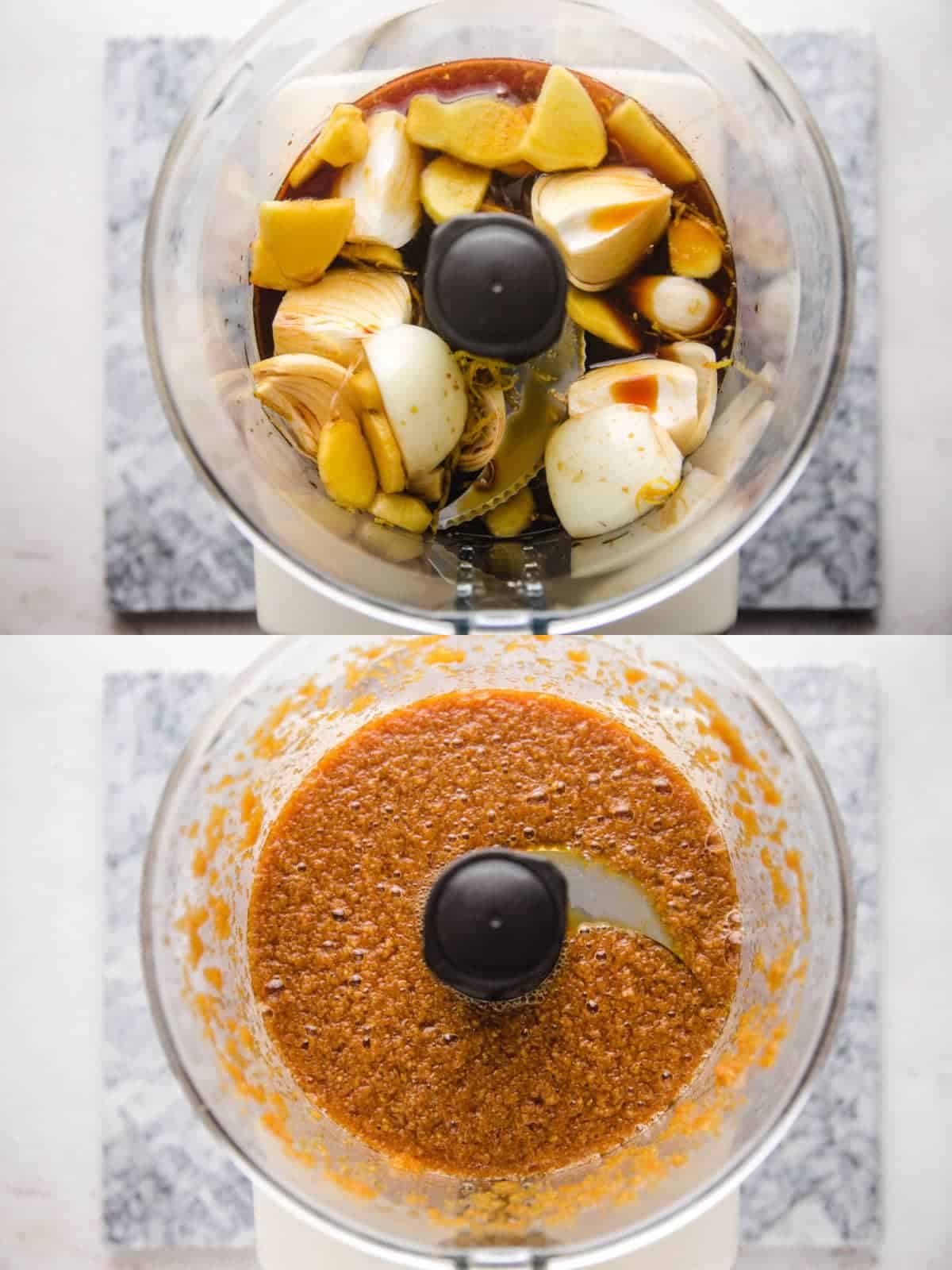 2 steps images, adding the ingredients to a food processor