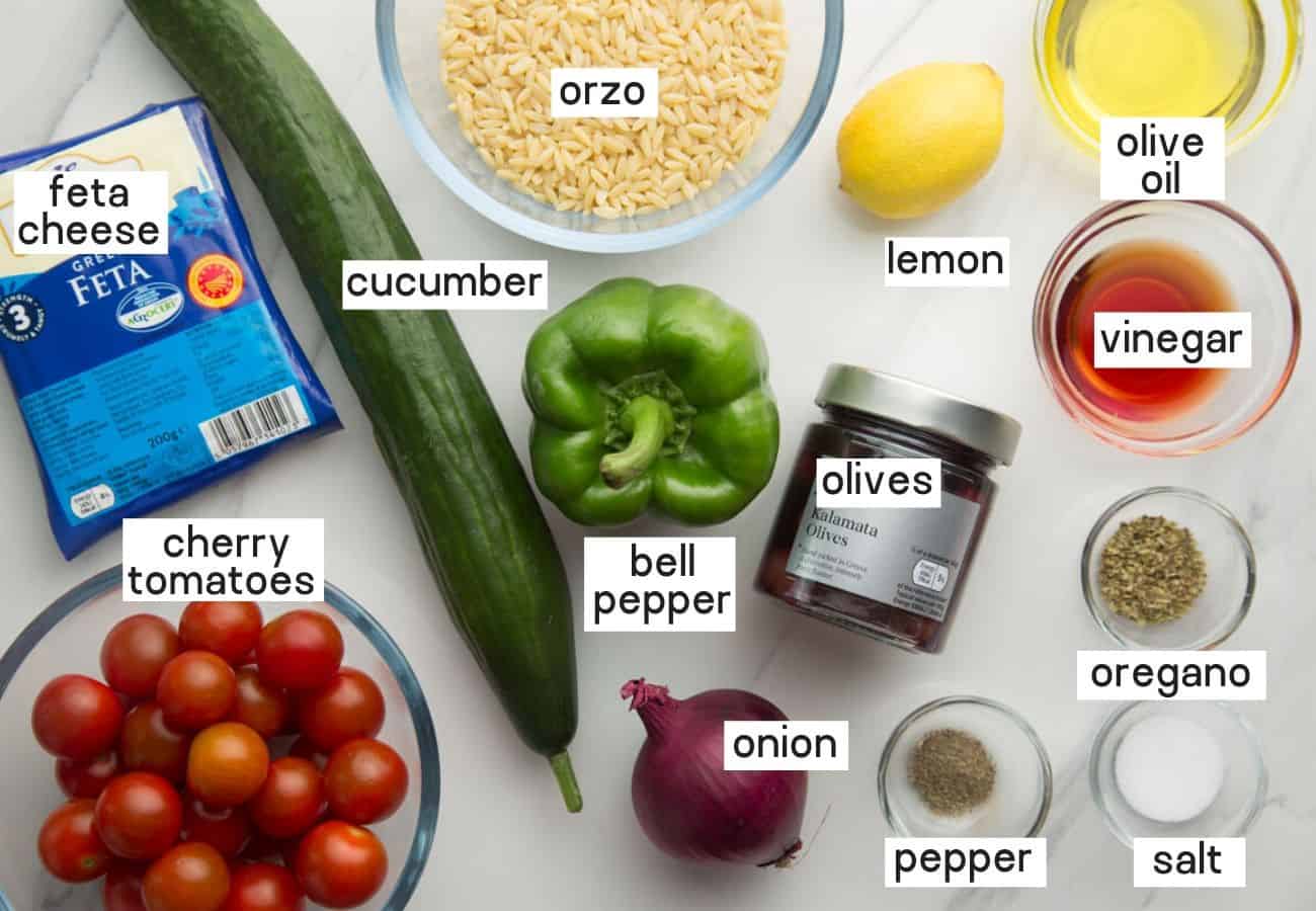 Ingredients needed to make Greek Orzo Salad