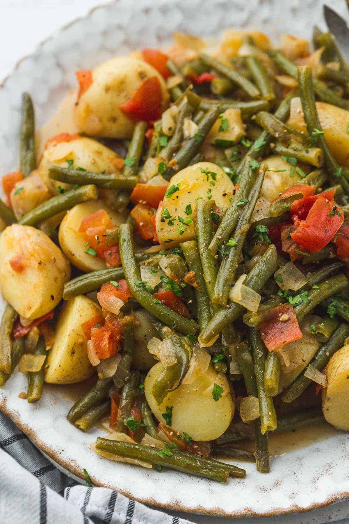 A close up shot of fasolakia dish