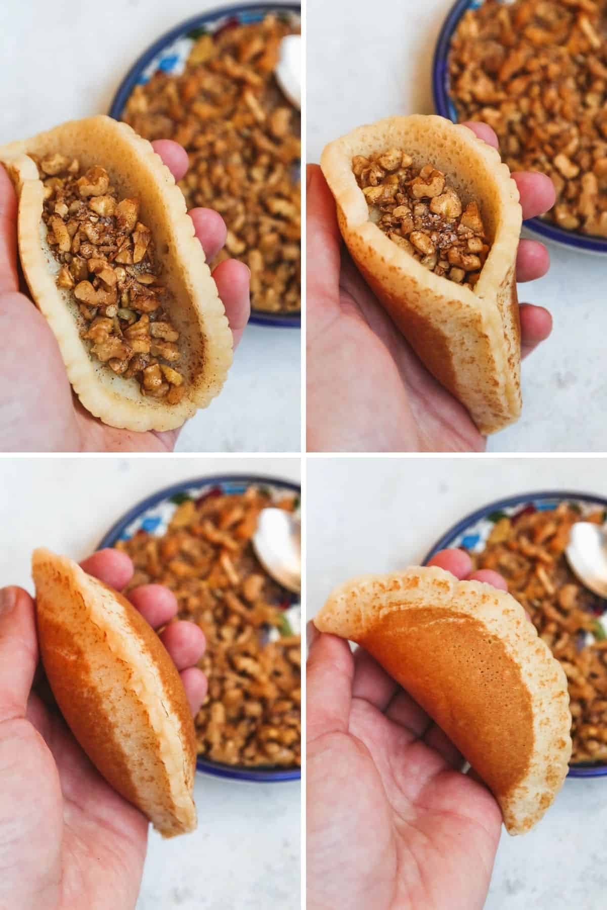 How to stuff atayef with the filling in 4 images