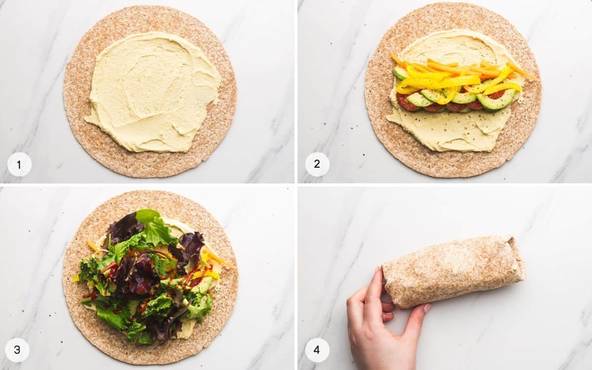 Steps on how to make hummus veggie wrap