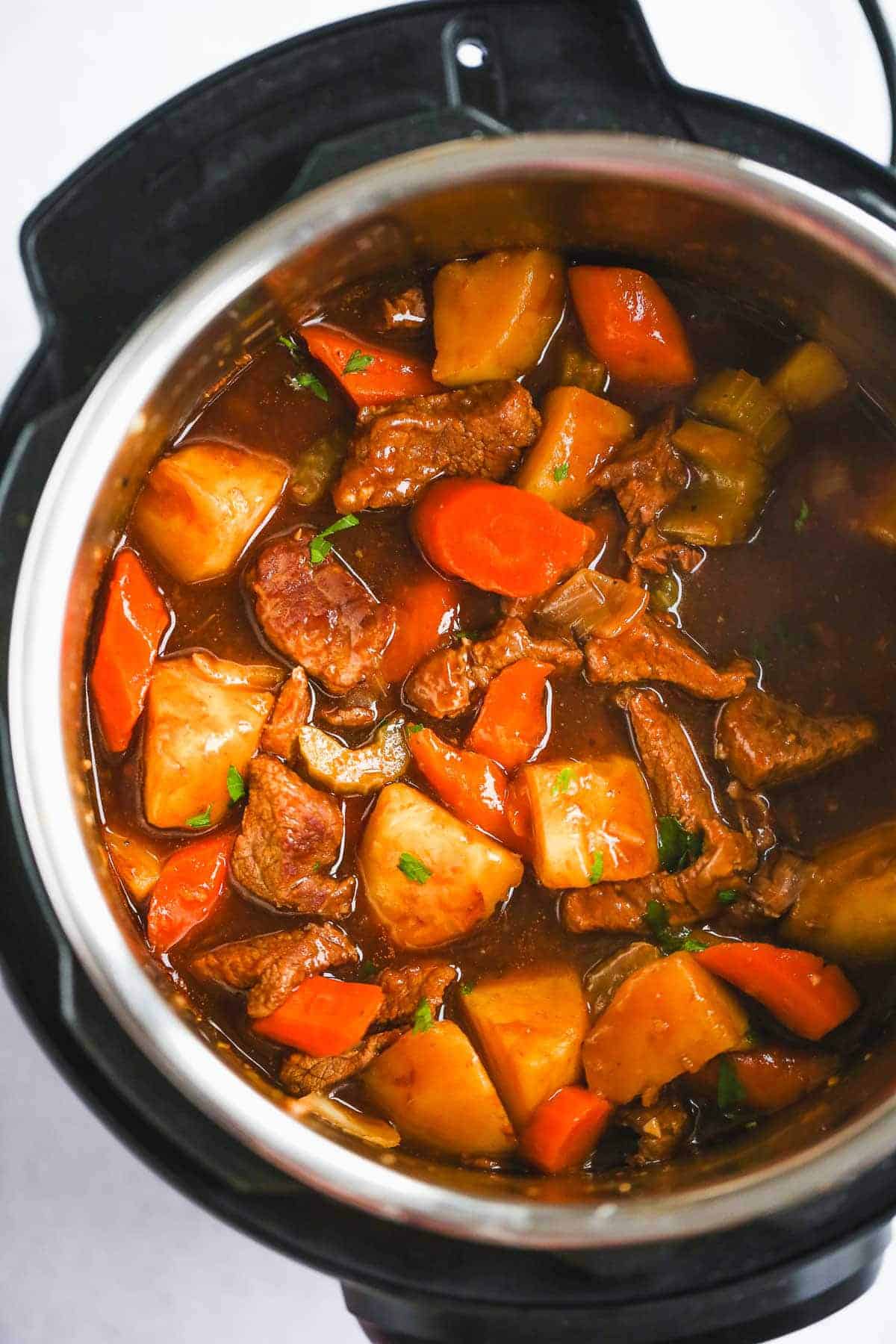 A close up of beef stew ready in the Instant Pot