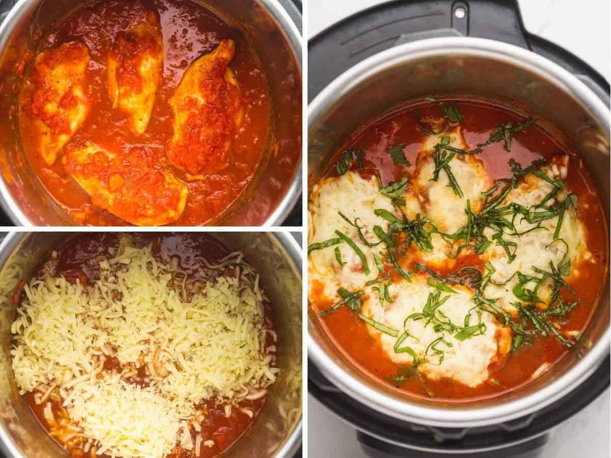 A collage with 3 images on how to cook chicken parm in the Instant Pot.
