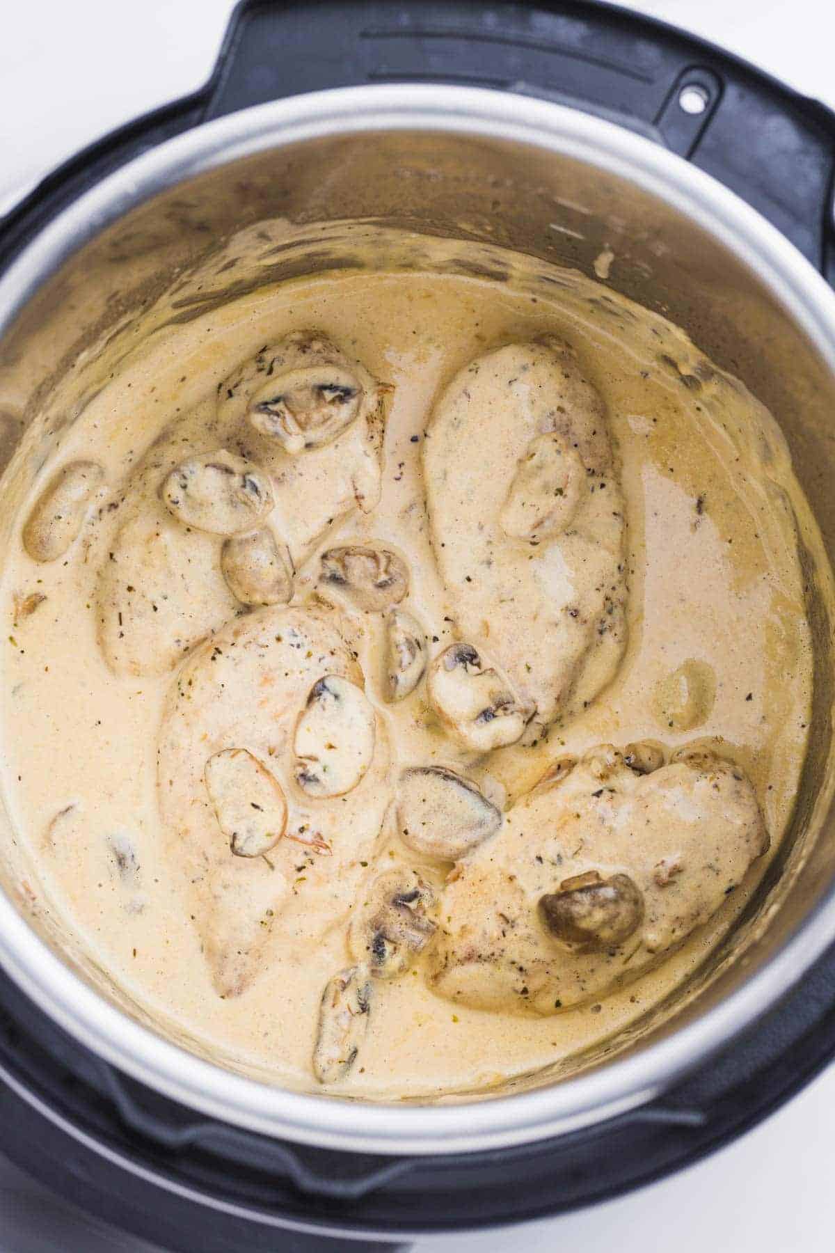 Creamy chicken and mushrooms ready in the Instant Pot