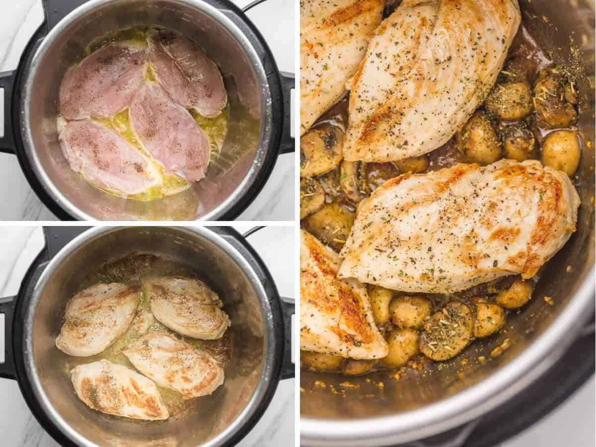 3 images on how to properly brown the chicken breasts