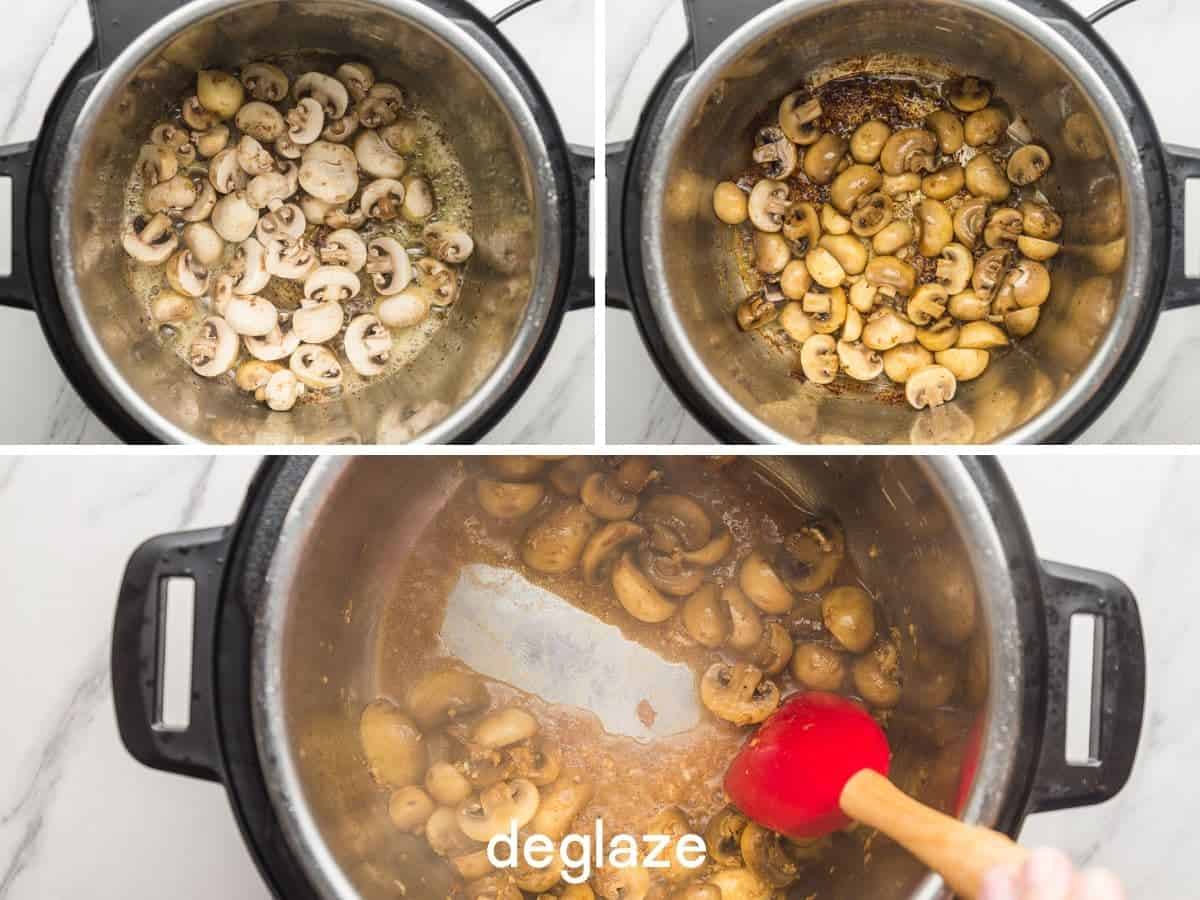 3 images on how to cook the mushrooms and then deglaze the pot