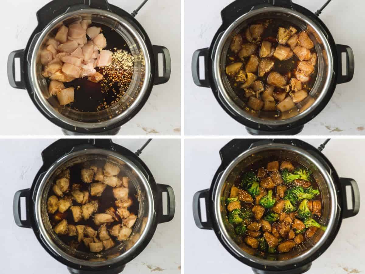 A collage of 4 images on how to make Chinese chicken and broccoli