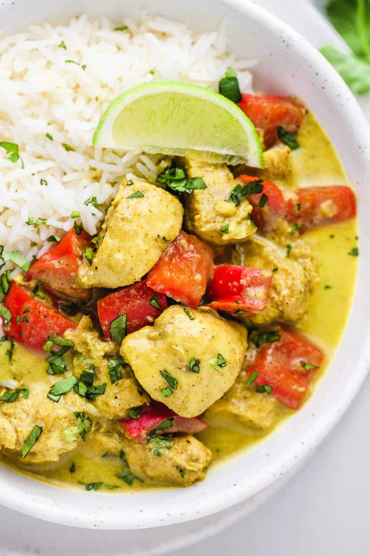 A close up shot of Instant Pot Coconut Chicken Curry in a bowl with rice