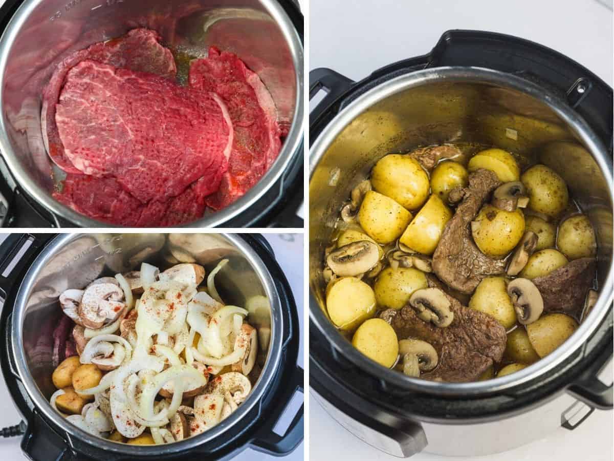 A collage with 3 images on how to make cube steak in the Instant Pot