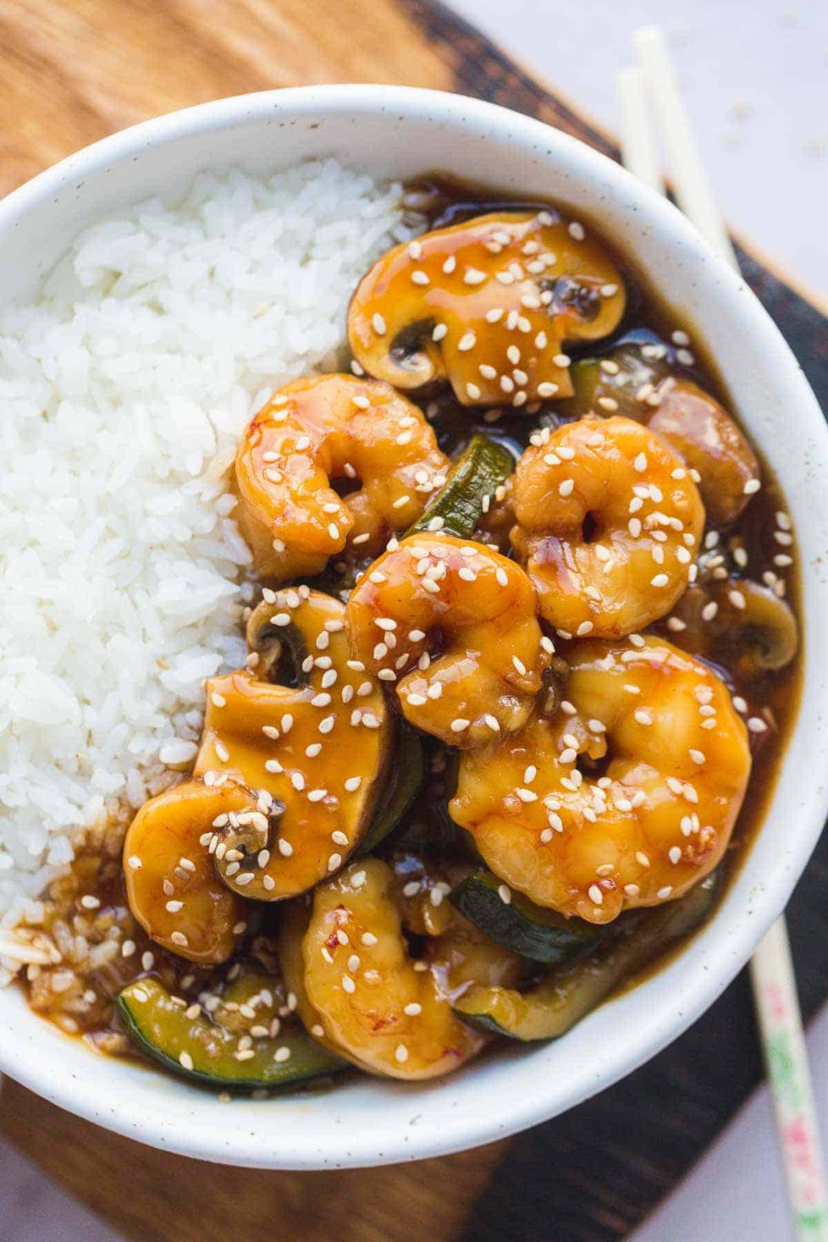 Shrimp hibachi served with white rice in a bowl