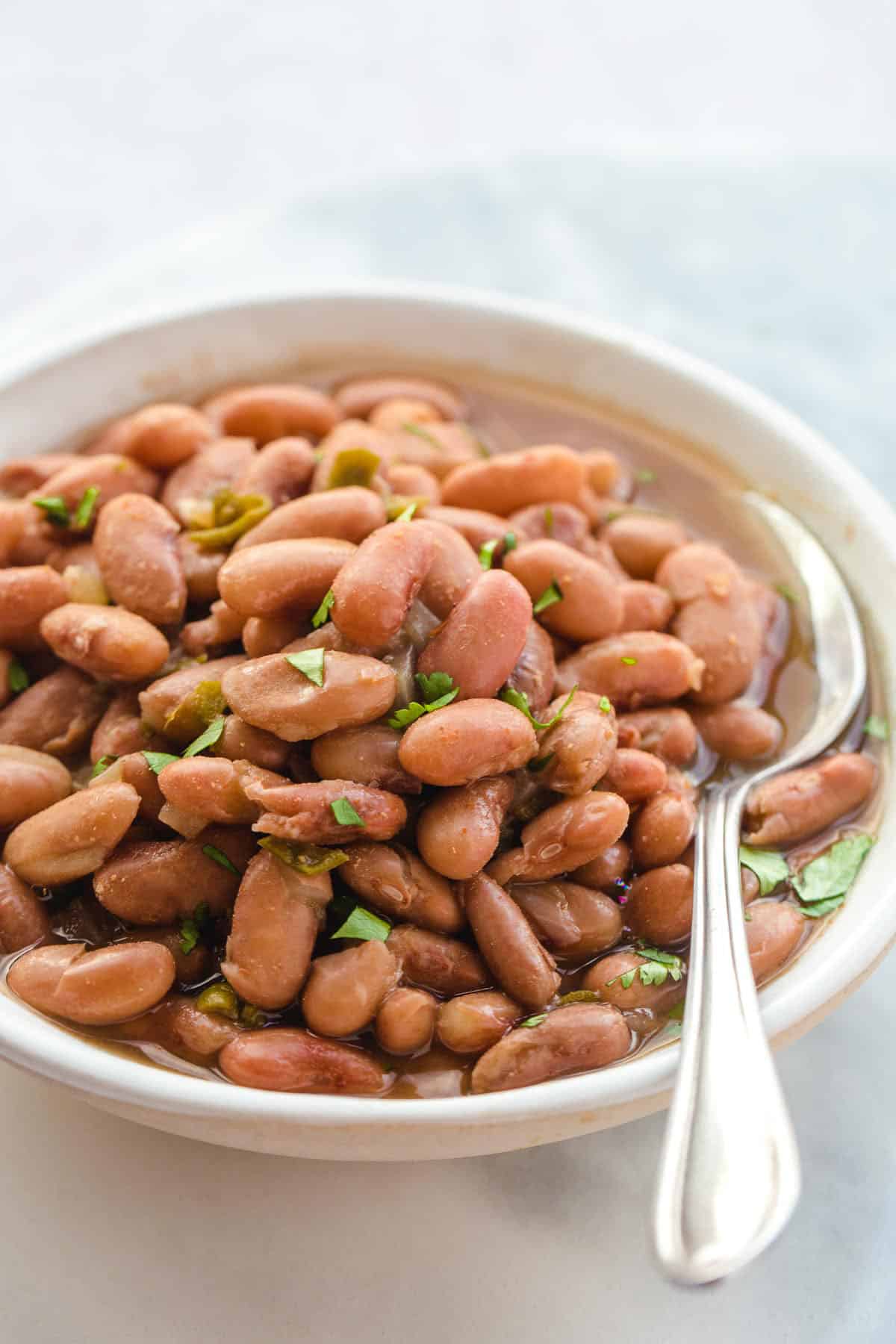 A white bowl with cooked pinto beans, and a spoon on the side.