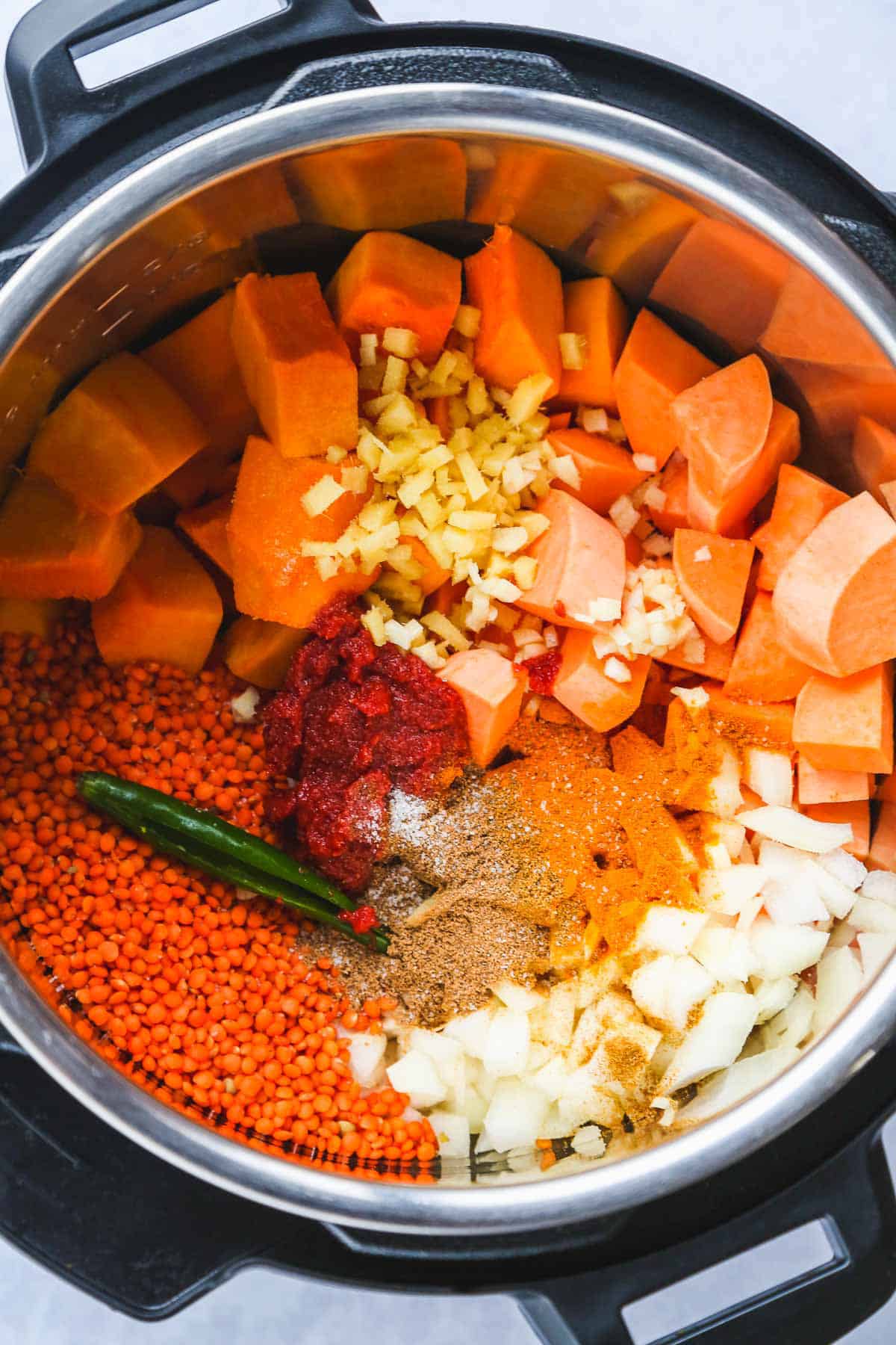 The pumpkin curry ingredients in the instant pot
