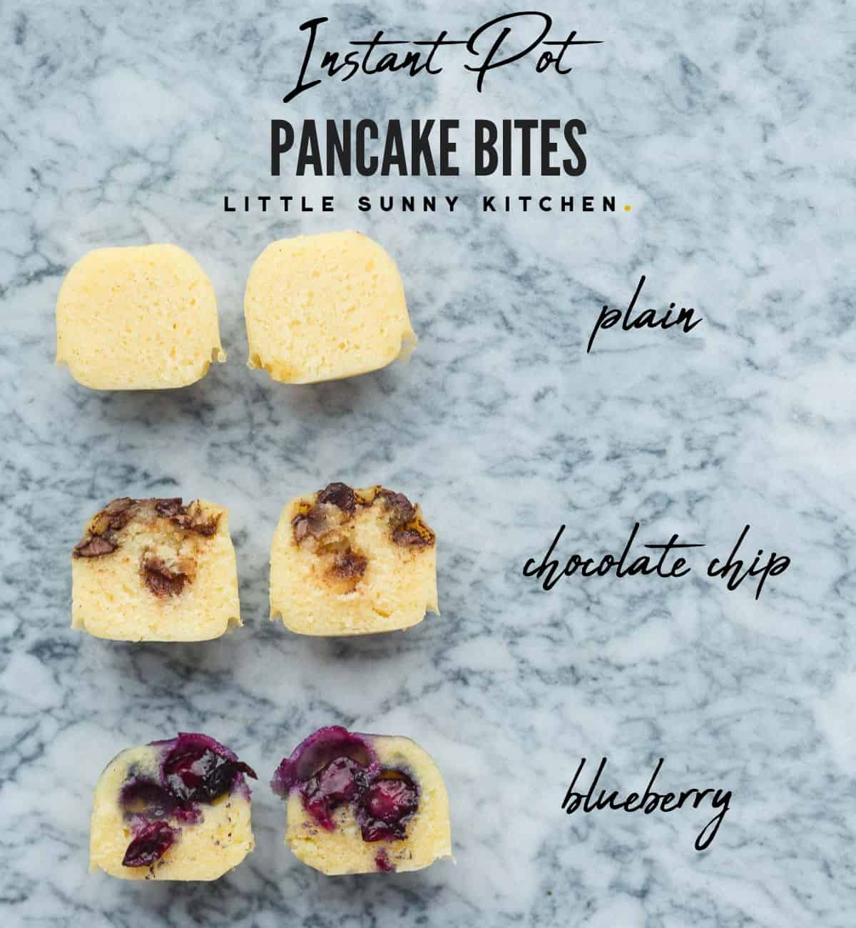 Example pancake bites flavor variations (plain, chocolate chip, and blueberry).