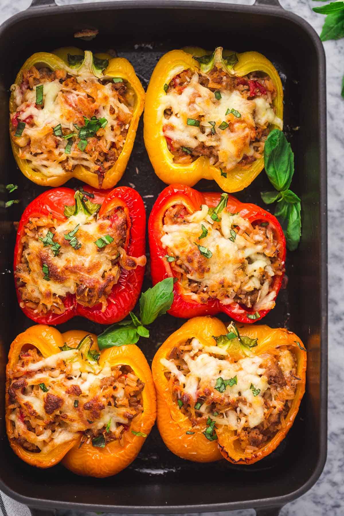 6 halves bell peppers stuffed with rice, turkey, and cheese