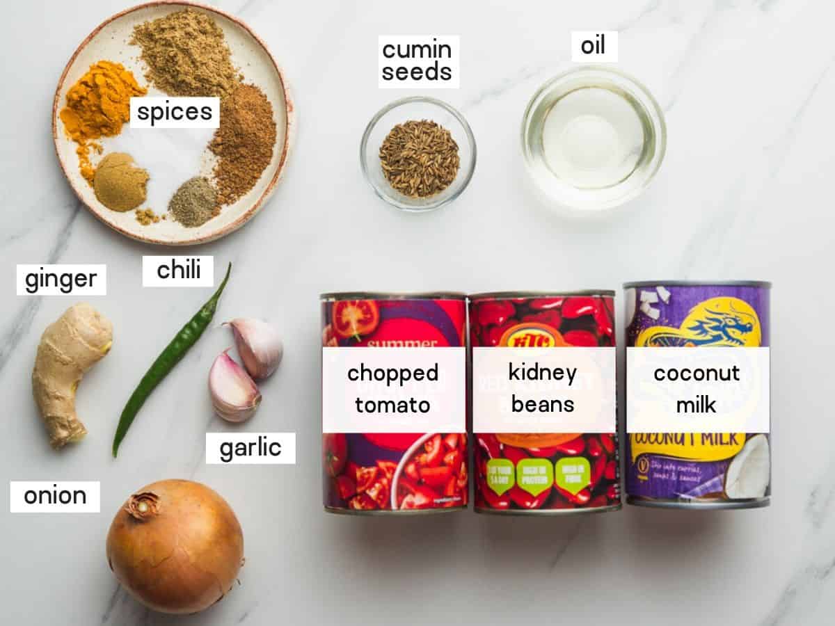 kidney bean curry ingredients shown in an overhead shot