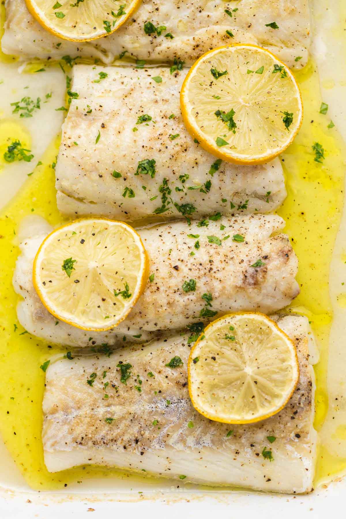 A close up of lemon baked cod with slices of lemon, in a white baking dish