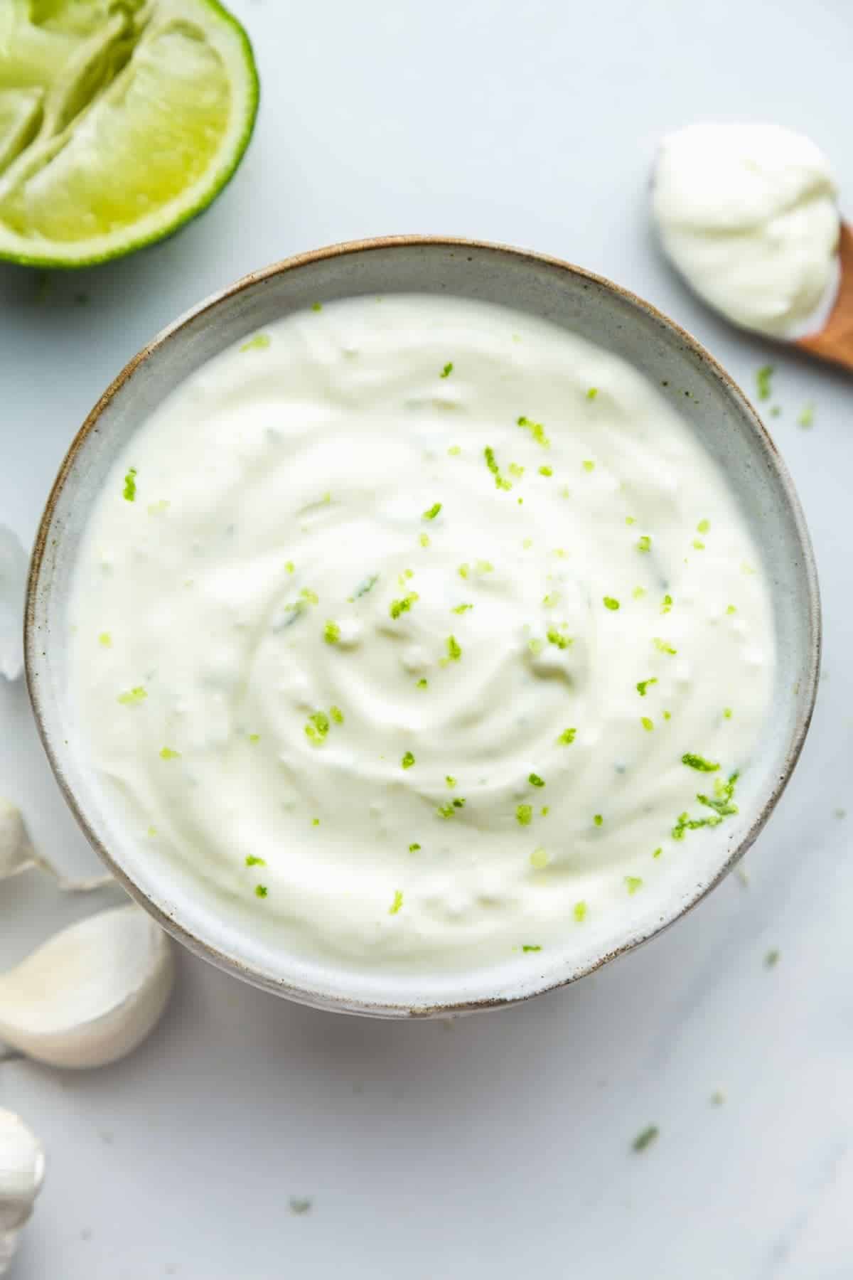 Lime Crema in a small rustic bowl
