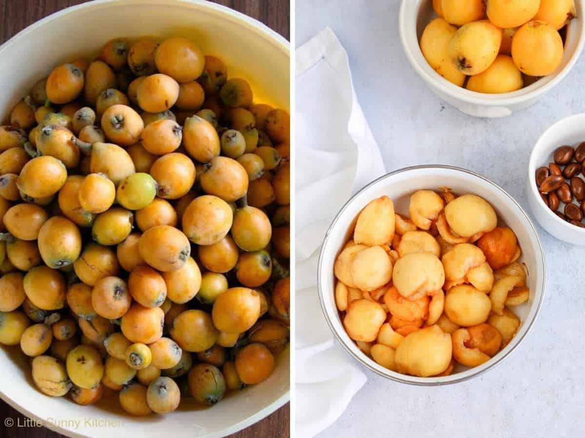 A large bowl with loquats, and a bowl of peeled halved loquats.