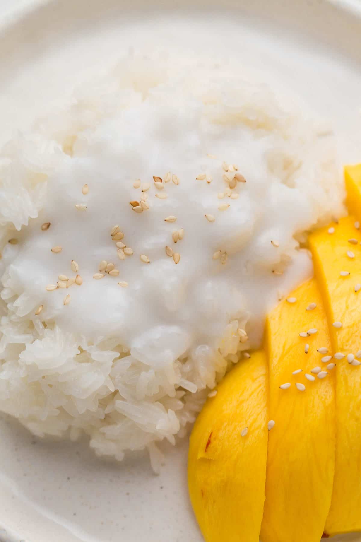 A close up shot of mango sticky rice with extra sauce and sesame seeds