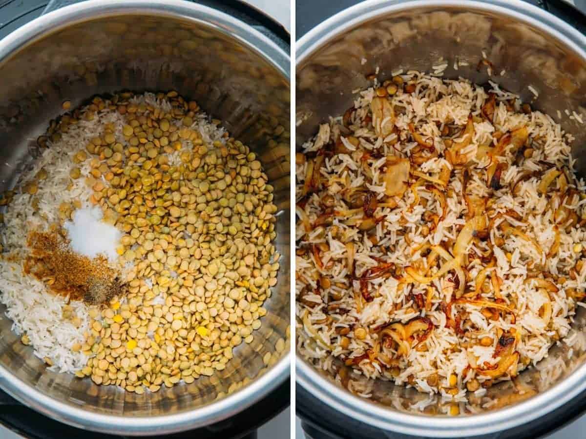 Instant Pot Mujadara, steps in 2 images