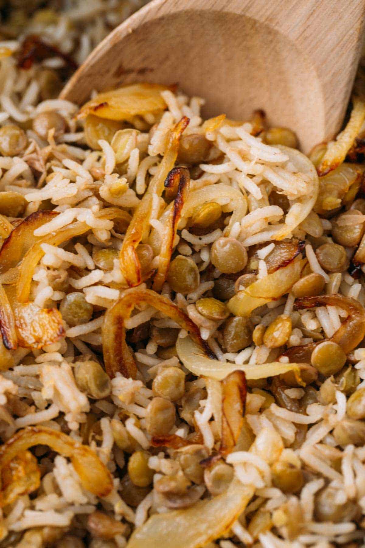 A close up shot of mujadara with caramelized onions and a wooden serving spoon
