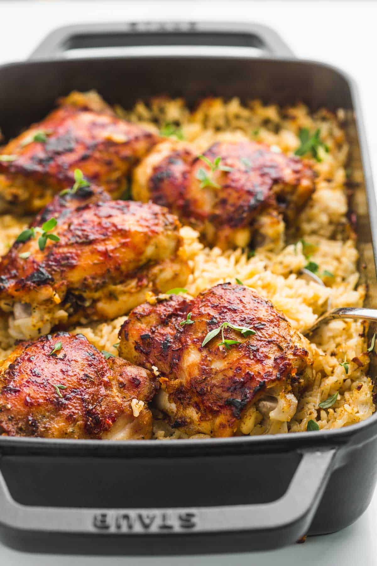 Rice and chicken baked in a Staub cast iron dish