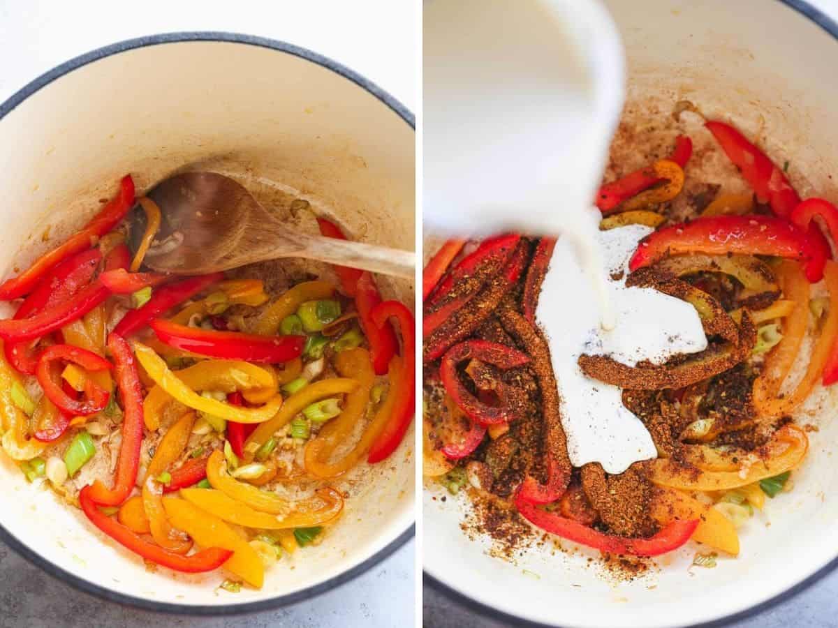 A collage with 2 images on how to make Rasta pasta. First saute the bell peppers, then add seasoning and cream.