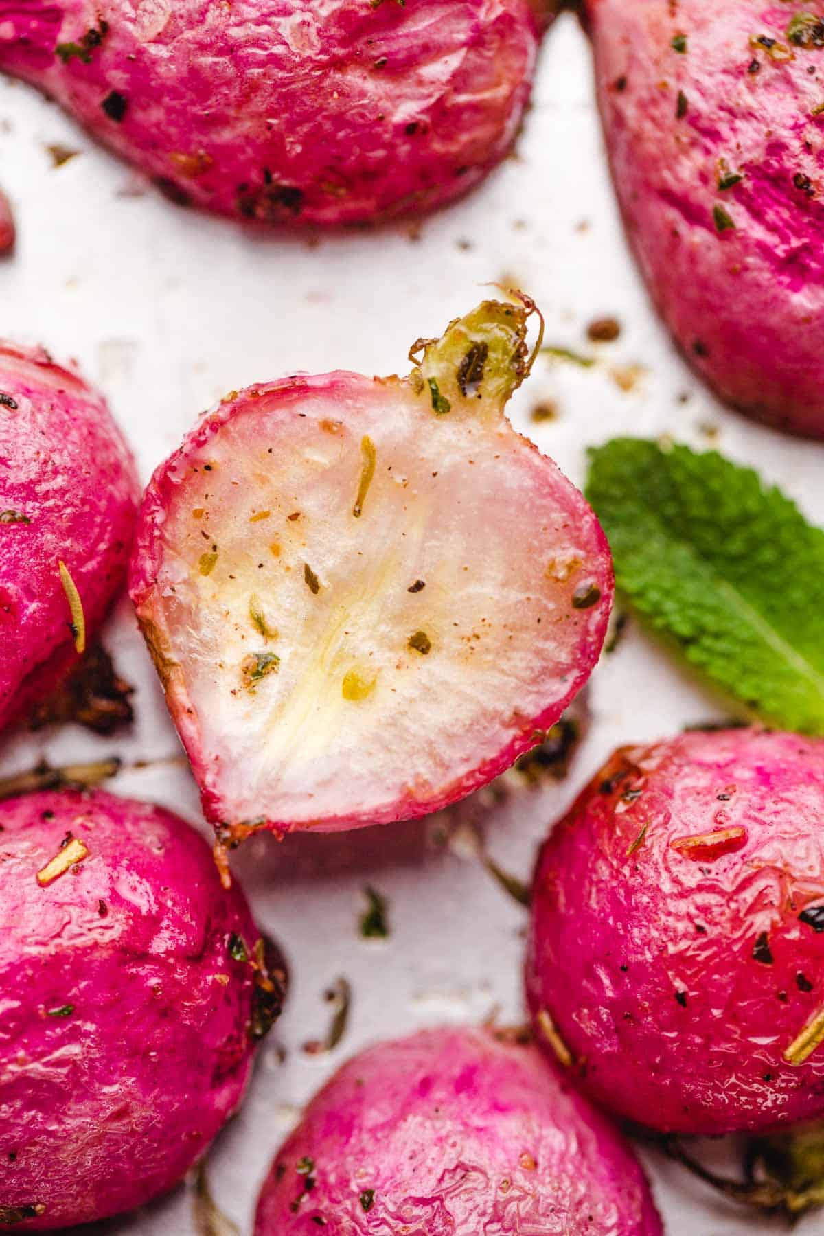 A close up shot of roasted radishes