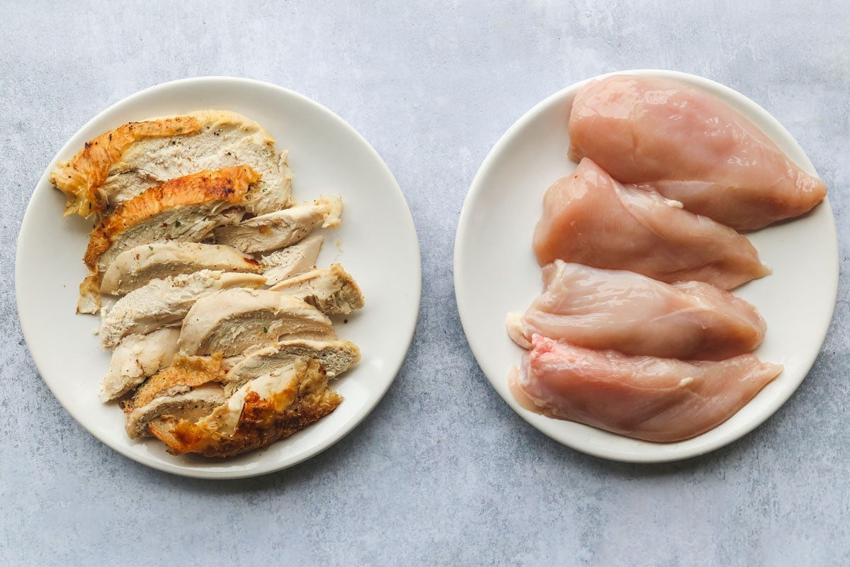 A plate with rotisserie chicken and a plate with raw sliced chicken breast